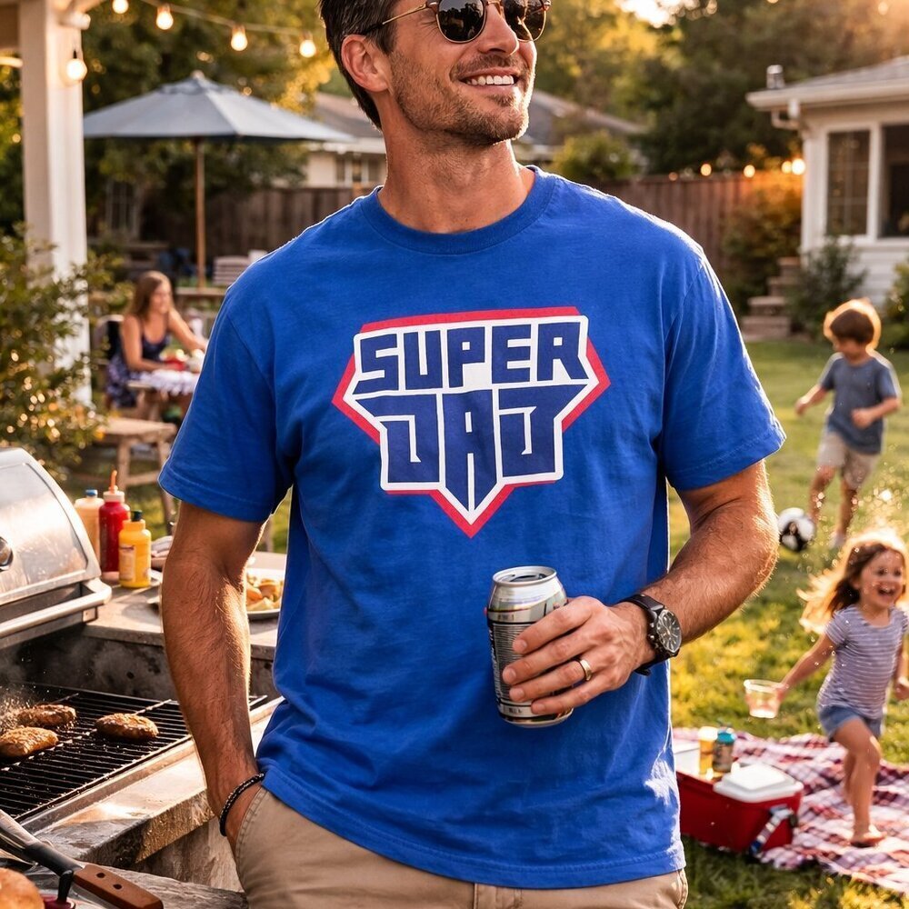 "SUPER DAD", Mens Fathers Day shirt, Size Large, Blue and Red Superman vibes